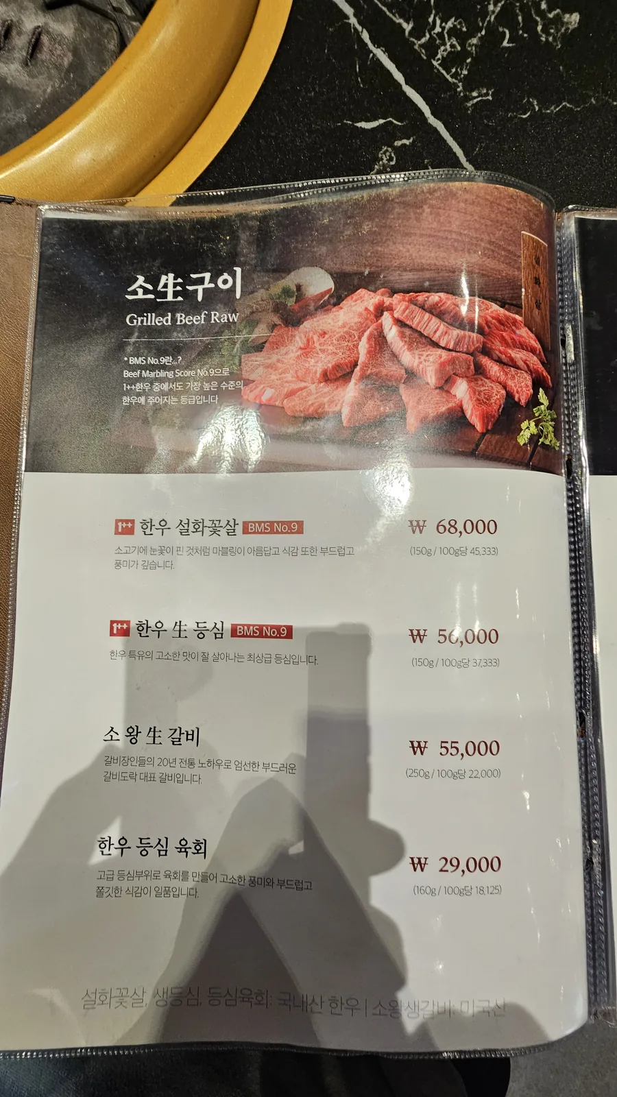 Galbidorak raw beef menu — Han-u Flower Cut 68,000 KRW, Fresh Sirloin 56,000 KRW, King Raw Short Rib 55,000 KRW