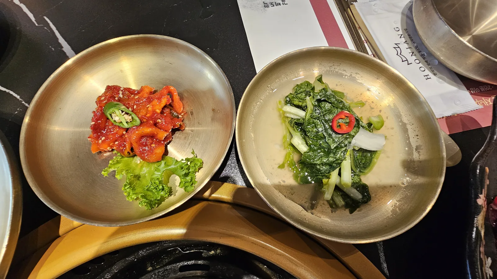 Galbidorak banchan — kkakdugi radish kimchi and seasoned spinach namul