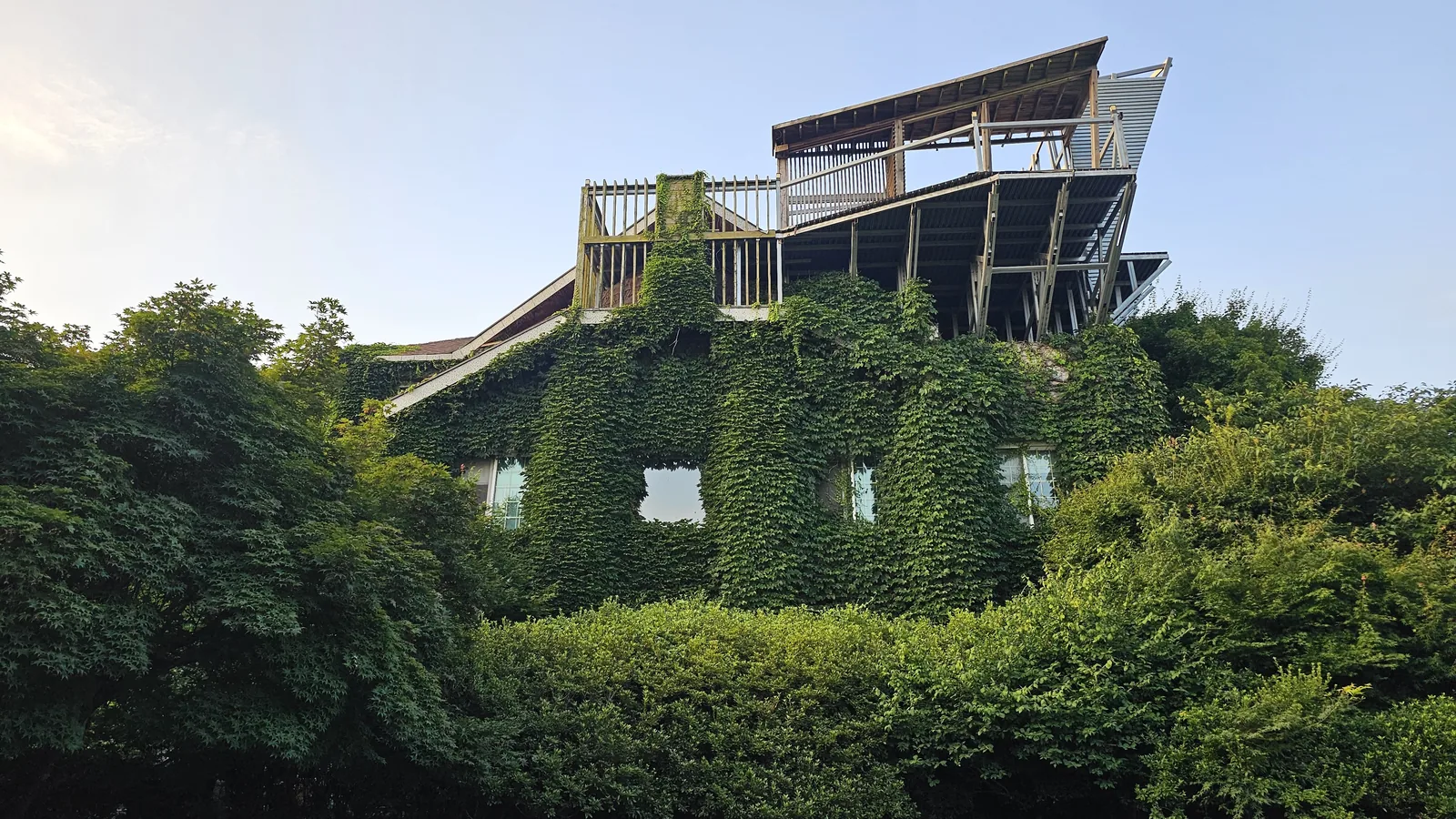 Ivy-covered building exterior near Haeoeum restaurant in Cheongyang photographed after dinner