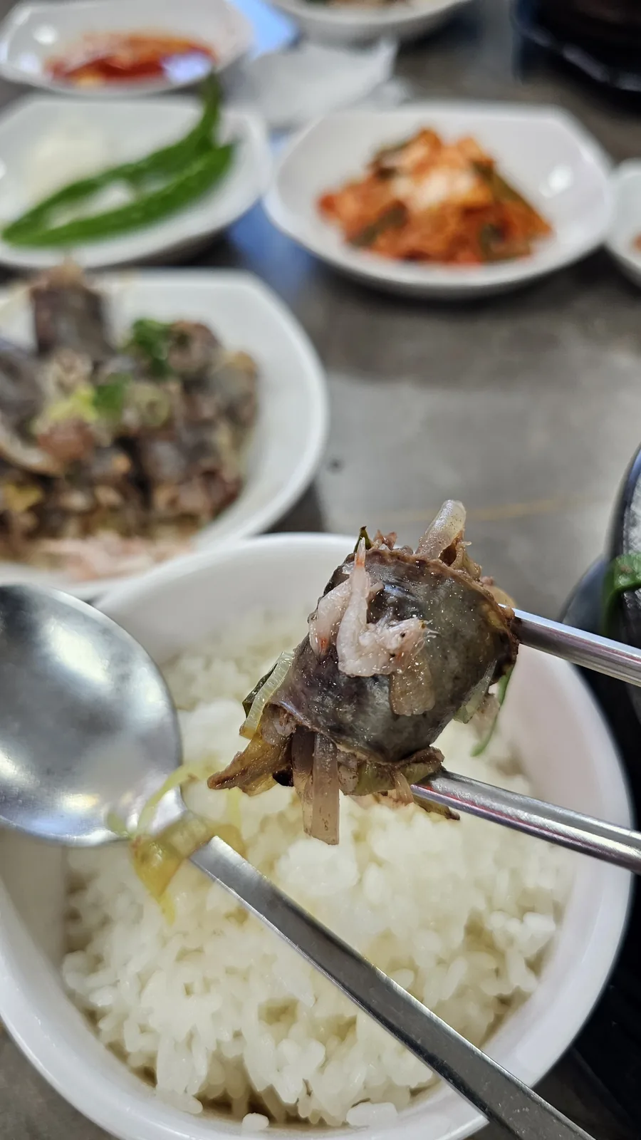 Close-up of sundae (Korean blood sausage) held with chopsticks