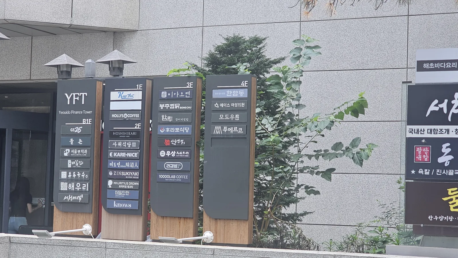 Building directory sign at Yeouido Finance Tower entrance showing Meomil Danpyeon on 2F