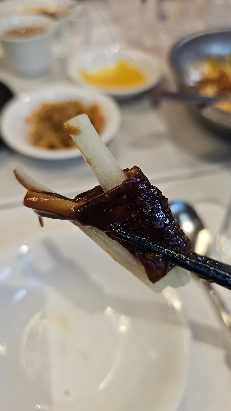 Chopsticks picking up sliced Peking duck with julienned scallions close-up at Xin Hong Lou