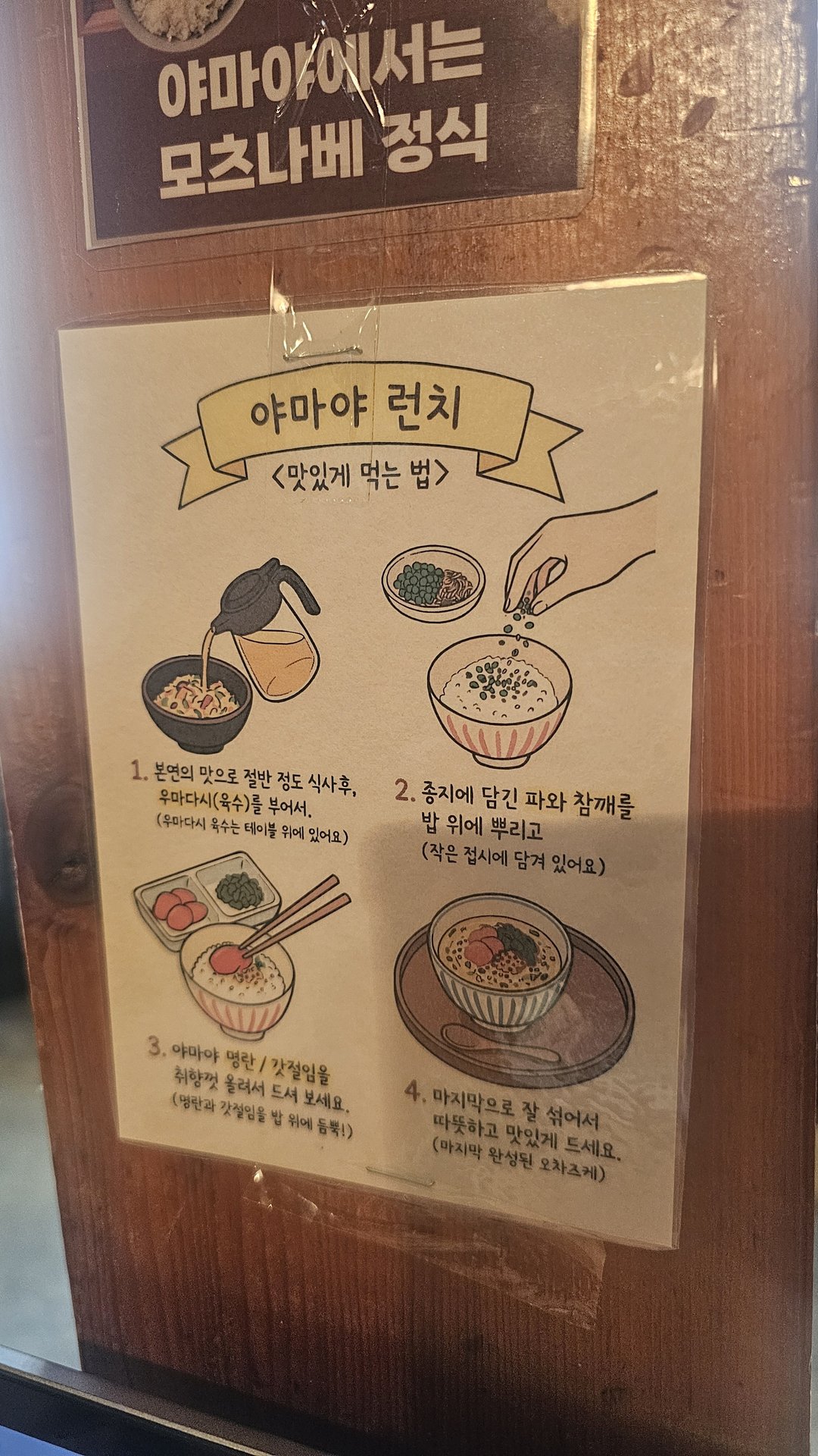 Wall instruction guide for Yamaya Mochonabe hot pot — four-step illustrated eating guide in Korean